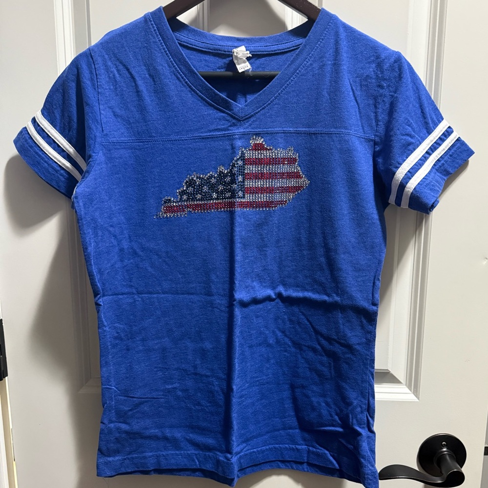 Rhinestone Embellished American Flag Kentucky State T-Shirt